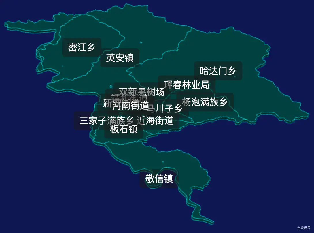 threejs延边朝鲜族自治州珲春市geoJson地图3d地图css2d标签