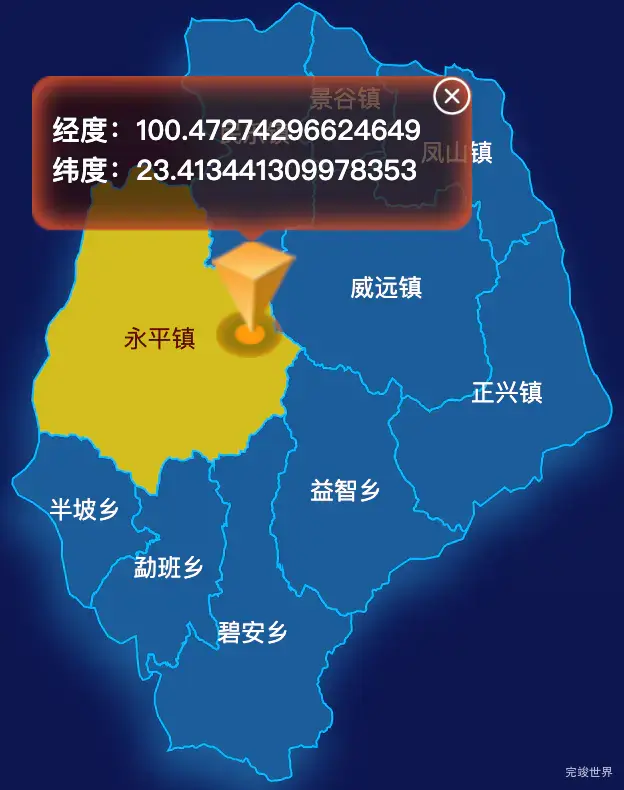 echarts普洱市景谷傣族彝族自治县geoJson地图根据经纬度显示自定义html弹窗