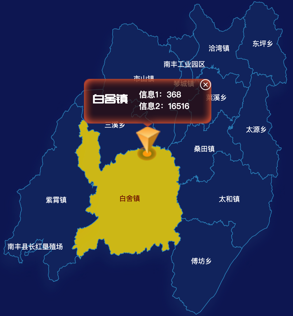 echarts抚州市南丰县geoJson地图点击弹出自定义弹窗效果实例 - 完竣世界