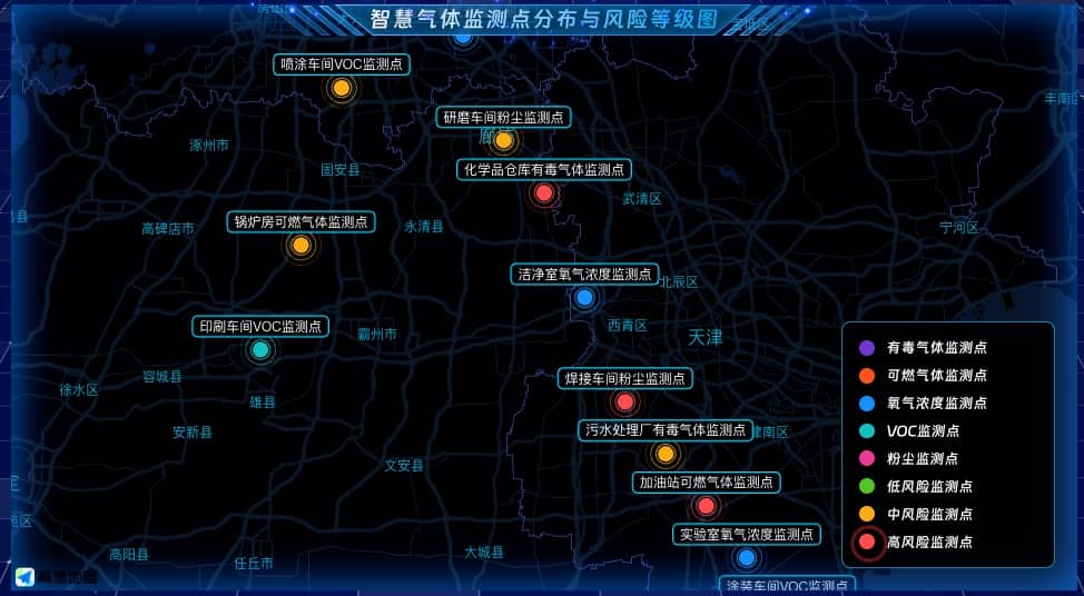 智慧气体监测点分布与风险等级图